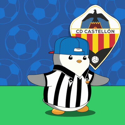 A Penguin Is Wearing A Black And White Striped Shirt And Standing In Front Of A Cd Castellon Logo GIF