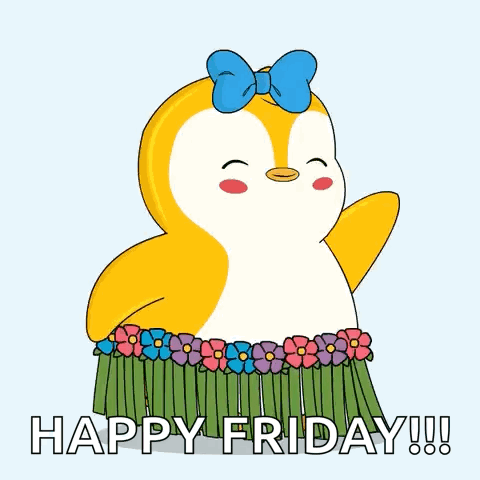 A Penguin Is Wearing A Hula Skirt With Flowers And The Words Happy Friday GIF