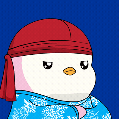 A Penguin Is Wearing A Red Headband And A Blue Jacket With Snowflakes On It GIF
