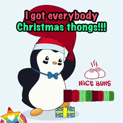 A Penguin Is Wearing A Santa Hat And Carrying A Bag That Says " I Got Everybody Christmas Thongs " GIF