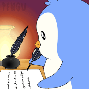 A Penguin Is Writing On A Piece Of Paper With A Quill Pen GIF