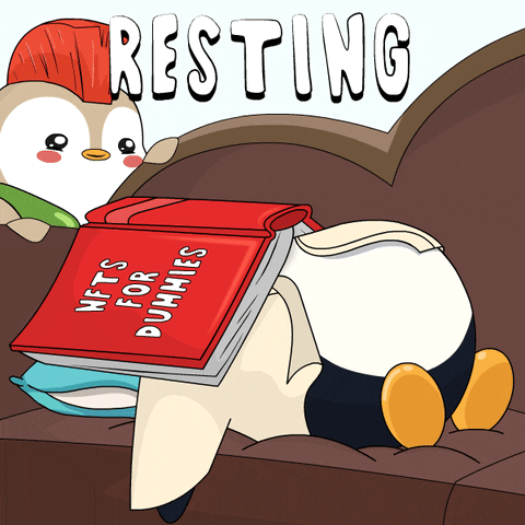 A Penguin Laying On A Couch Reading A Book Titled " Nfts For Dummies " GIF