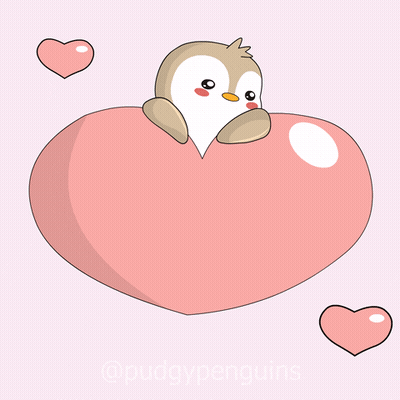 A Penguin Laying On Top Of A Pink Heart With Other Hearts Around It GIF