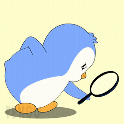 a penguin looking through a magnifying glass with the letter k on its head