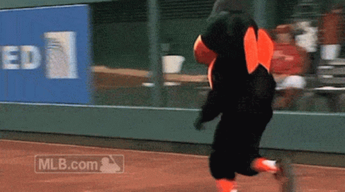 A Penguin Mascot Is Running On A Baseball Field With Mlb.com In The Corner GIF
