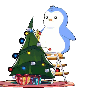 A Penguin On A Ladder Decorates A Christmas Tree Sticker
