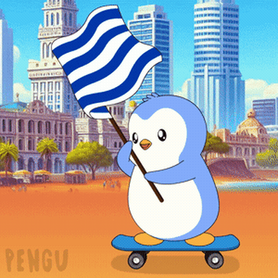 A Penguin On A Skateboard Holding A Striped Flag GIF