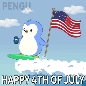 A Penguin On A Surfboard Holding A Can Of Beer With The Words Happy 4Th Of July Below It GIF