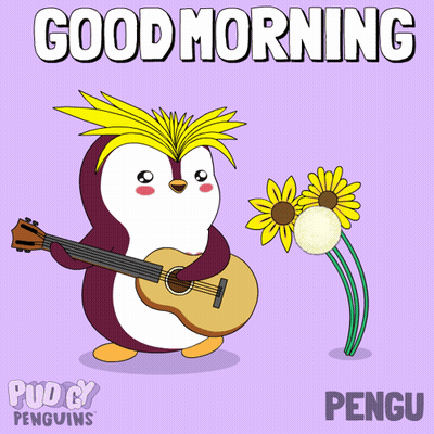 A Penguin Playing A Guitar With The Words Good Morning Penguins Below It GIF