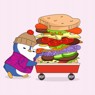 A Penguin Pushing A Cart With A Sandwich On It GIF
