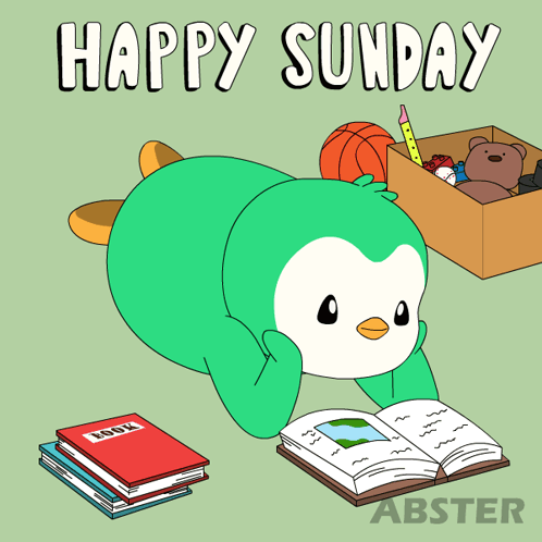 A Penguin Reading A Book With The Words Happy Sunday Above GIF
