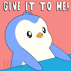 A Penguin Says Give It To Me In White Letters GIF