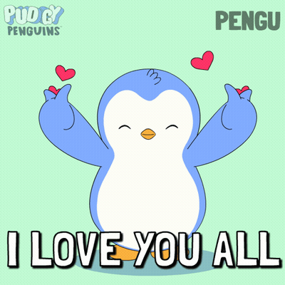 A Penguin Says " I Love You All " In Front Of Hearts GIF