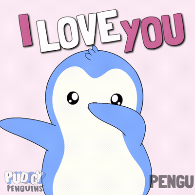 A Penguin Says " I Love You " In Front Of Hearts GIF