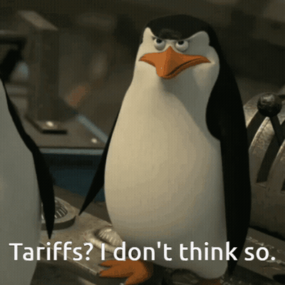 A Penguin Says " Tariffs ? I Don 'T Think So " While Standing Next To Another Penguin GIF