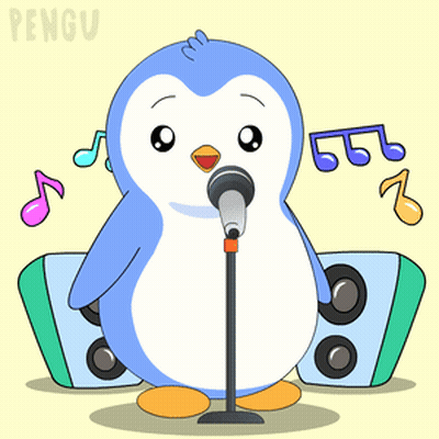 A Penguin Singing Into A Microphone With The Word Pengu On The Bottom Right GIF