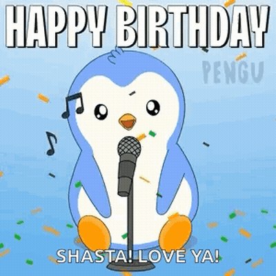 A Penguin Singing Into A Microphone With The Words Happy Birthday Shasta Love Ya ! GIF