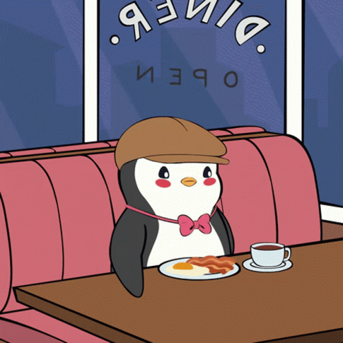 A Penguin Sits At A Table With A Plate Of Food In Front Of A Diner Window GIF