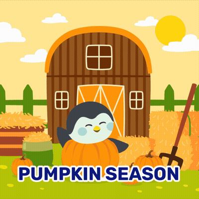 A Penguin Sits On A Pumpkin In Front Of A Barn With The Words Pumpkin Season Written Below It GIF