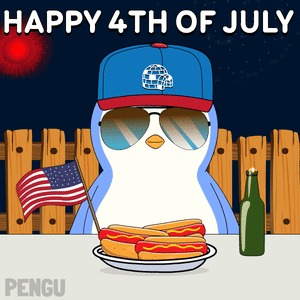 A Penguin Sitting At A Table With A Plate Of Hotdogs And A Bottle Of Beer GIF