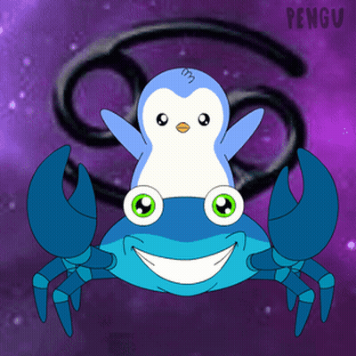 A Penguin Sitting On Top Of A Blue Crab With A Cancer Sign Behind It GIF
