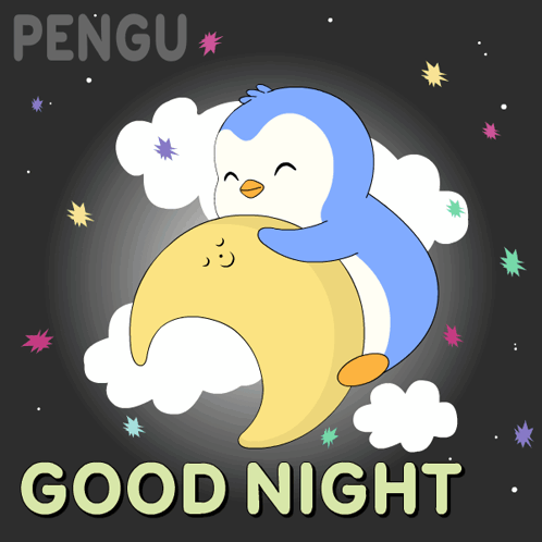 A Penguin Sleeping On A Crescent Moon With The Words Good Night Written Below It GIF