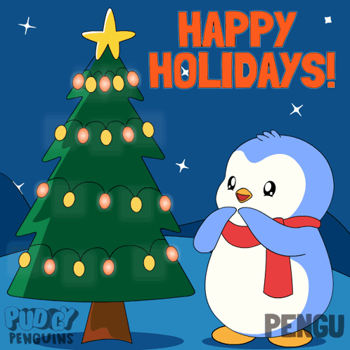 A Penguin Standing In Front Of A Christmas Tree With The Words Happy Holidays GIF
