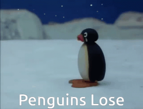 A Penguin Standing In The Snow With The Words Penguins Lose GIF