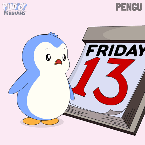A Penguin Standing Next To A Calendar That Says Friday The 13Th GIF