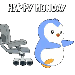 A Penguin Standing Next To An Office Chair With The Words Happy Monday Above It Sticker