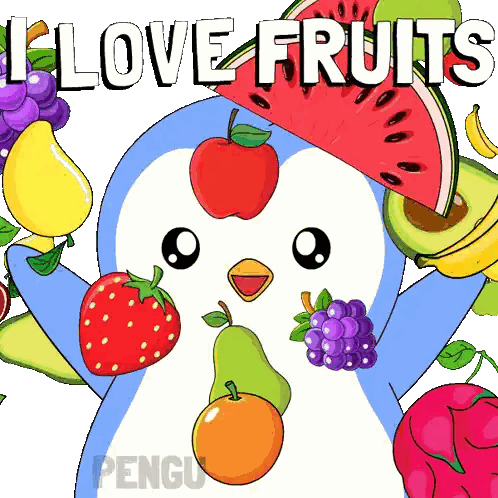 A Penguin Surrounded By Fruit With The Words " Love Fruits " Written Above It Sticker