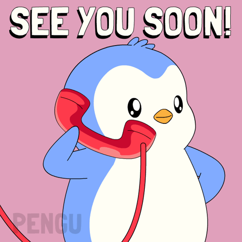A Penguin Talking On A Red Phone With The Words See You Soon GIF