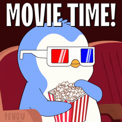 A Penguin Wearing 3D Glasses Is Holding A Bucket Of Popcorn And Says Movie Time GIF