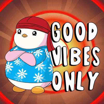 A Penguin Wearing A Bandana And A Blue Shirt Says Good Vibes Only GIF
