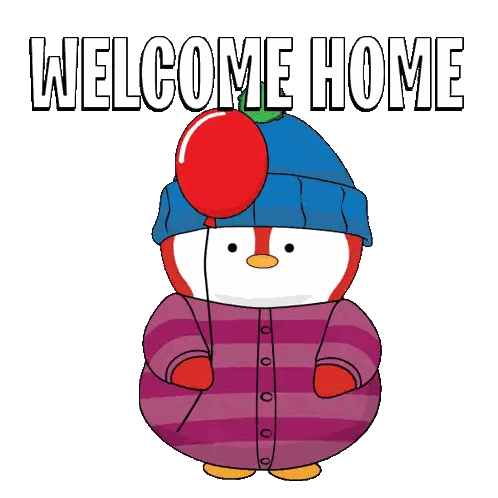 A Penguin Wearing A Blue Hat And A Purple Shirt With The Words Welcome Home Behind Him Sticker