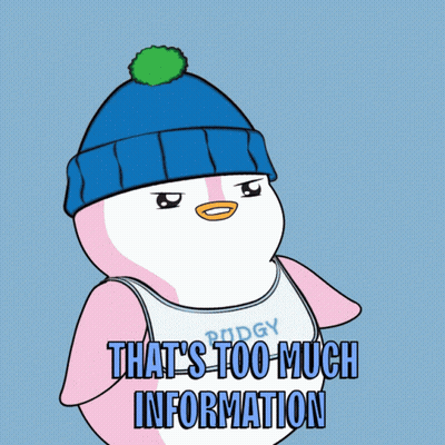 A Penguin Wearing A Blue Hat And A Tank Top That Says Pudgy That 'S Too Much Information On It GIF
