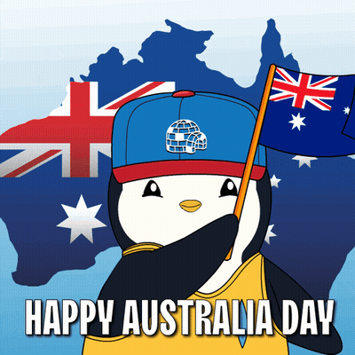 A Penguin Wearing A Blue Hat Holds A Flag In Front Of A Map Of Australia And The Words Happy Australia Day GIF