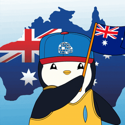 A Penguin Wearing A Blue Hat Holds An Australian Flag In Front Of An Australian Map GIF