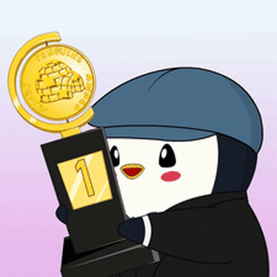 A Penguin Wearing A Blue Hat Is Holding A Trophy With The Number 1 On It GIF
