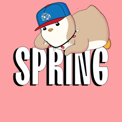 A Penguin Wearing A Blue Hat With The Words " My Spring Mood " GIF