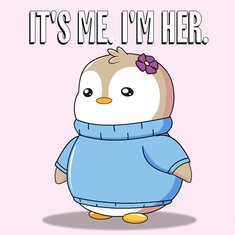 A Penguin Wearing A Blue Sweater With The Words It 'S Me I 'M Her Below It GIF