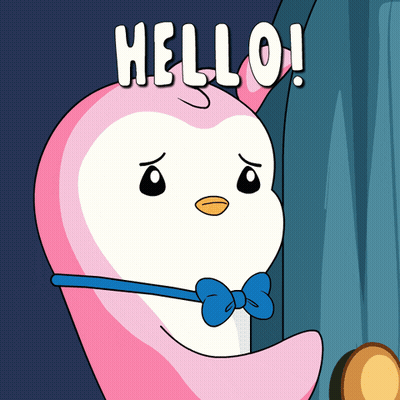 A Penguin Wearing A Bow Tie Says Hello In White Letters GIF