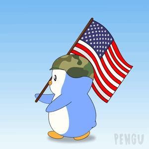 A Penguin Wearing A Camo Helmet Holds An American Flag GIF