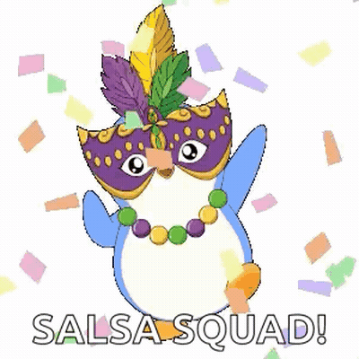 A Penguin Wearing A Carnival Mask And A Necklace Is Surrounded By Confetti And The Words `` Salsa Squad '' . GIF