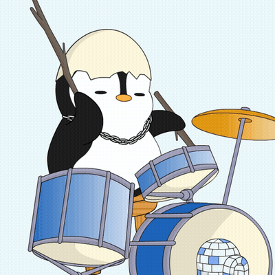 A Penguin Wearing A Chain Around Its Neck Is Playing The Drums GIF