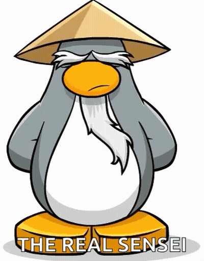 A Penguin Wearing A Conical Hat With The Words The Real Sensei Written On It GIF
