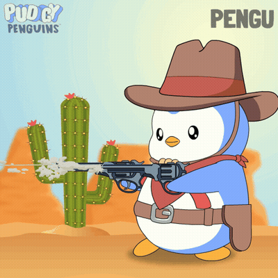 A Penguin Wearing A Cowboy Hat Is Holding A Gun In Front Of A Cactus GIF