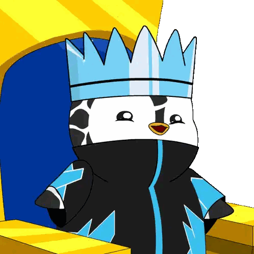 A Penguin Wearing A Crown And A Black And Blue Outfit Sits On A Throne Sticker