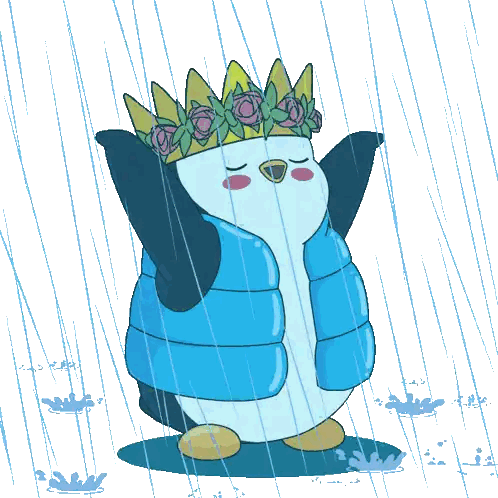 A Penguin Wearing A Crown And A Blue Vest Stands In The Rain Sticker