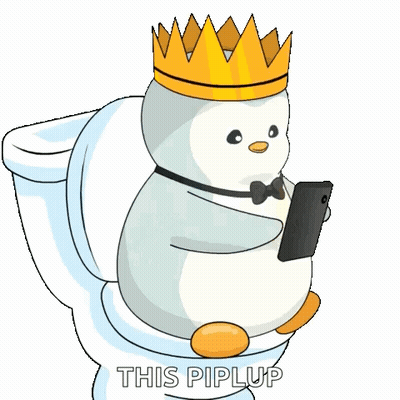 A Penguin Wearing A Crown And A Bow Tie Is Sitting On A Toilet Holding A Cell Phone . GIF